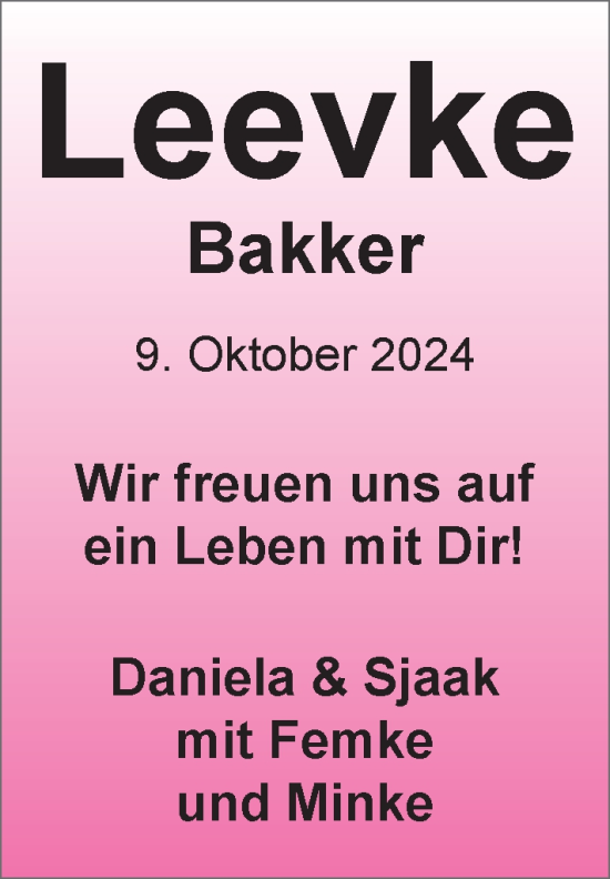 Babyanzeige von Leevke Bakker von EZ