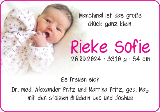 Babyanzeige von Rieke Sofie  von BM