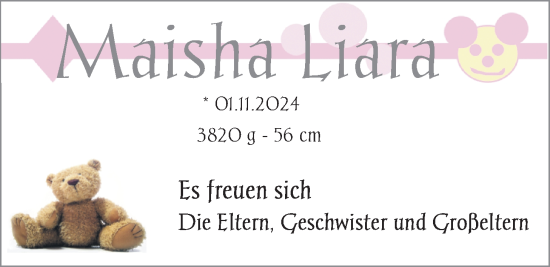 Babyanzeige von Maisha Liara  von BM