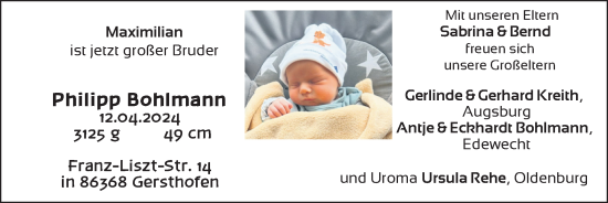 Babyanzeige von Philipp Bohlmann von Nordwest-Zeitung