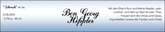 Babyanzeige von Ben Georg Hippler von BM
