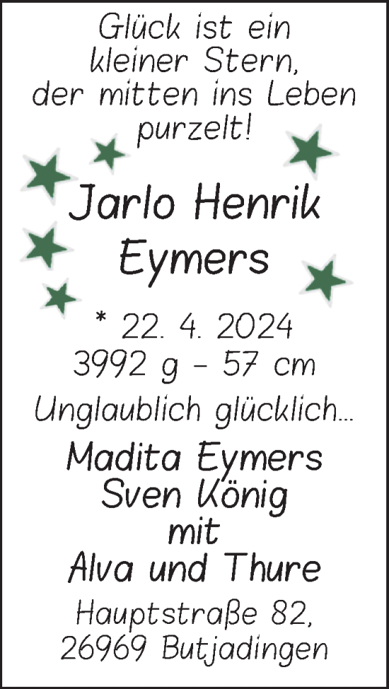 Babyanzeige von Jarlo Henrik Eymers von Nordwest-Zeitung