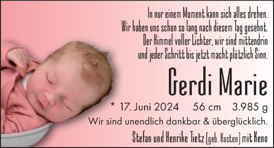 Babyanzeige von Gerdi Marie Tietz von EZ