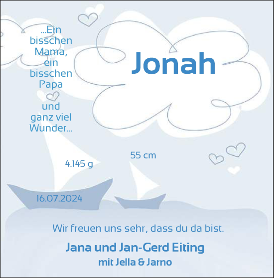 Babyanzeige von Jonah  von Nordwest-Zeitung