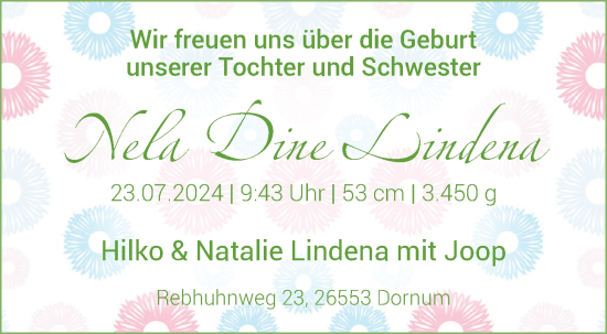 Babyanzeige von Nela Dine Lindena von BM