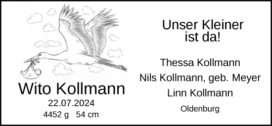 Babyanzeige von Wito Kollmann von Nordwest-Zeitung