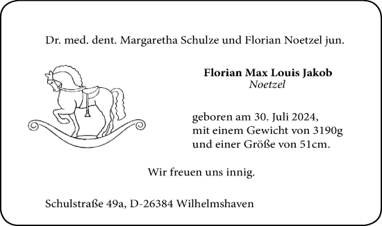 Babyanzeige von Florian Max Louis Jakob Noetzel von BM