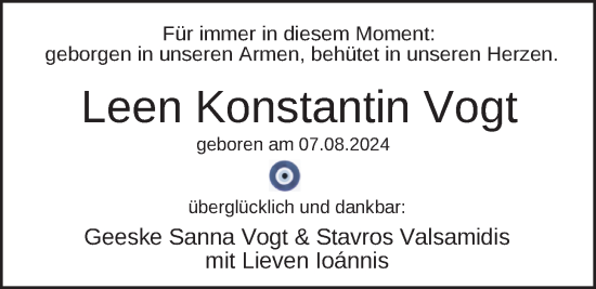 Babyanzeige von Leen Konstantin Vogt von Nordwest-Zeitung