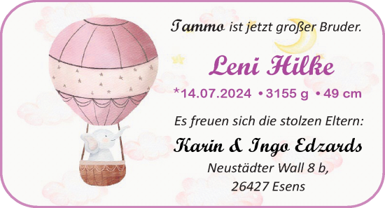 Babyanzeige von Leni Hilke von BM