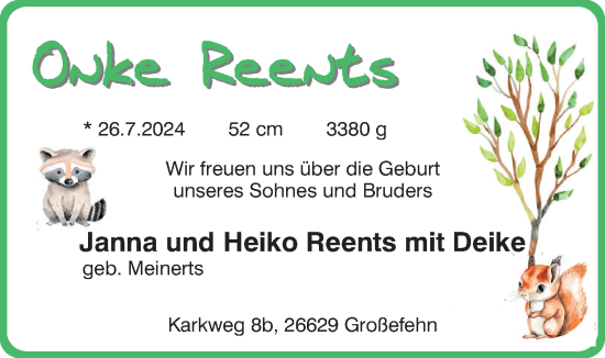 Babyanzeige von Onke Reents von BM