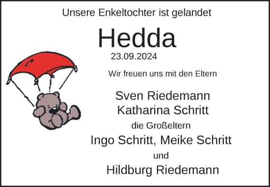 Babyanzeige von Hedda Riedemann von Nordwest-Zeitung