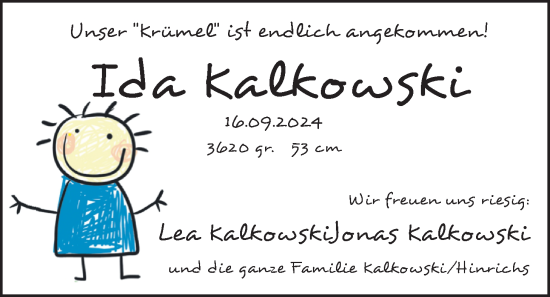 Babyanzeige von Ida Kalkowski von BM