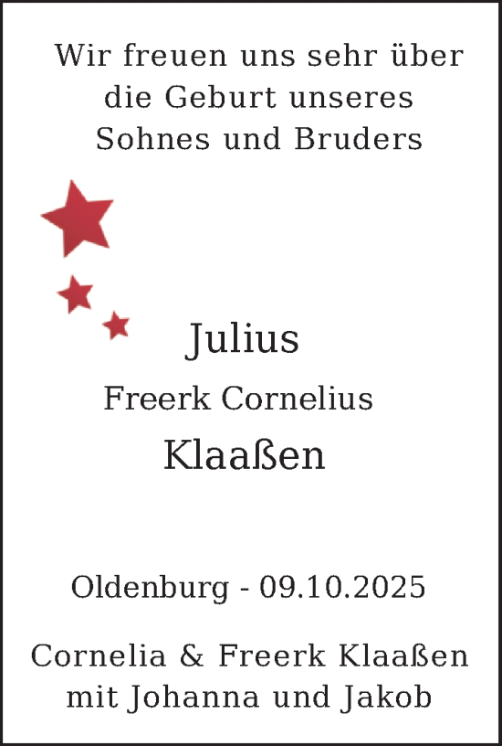 Babyanzeige von Julius Freerk Cornelius Klaaßen von Nordwest-Zeitung