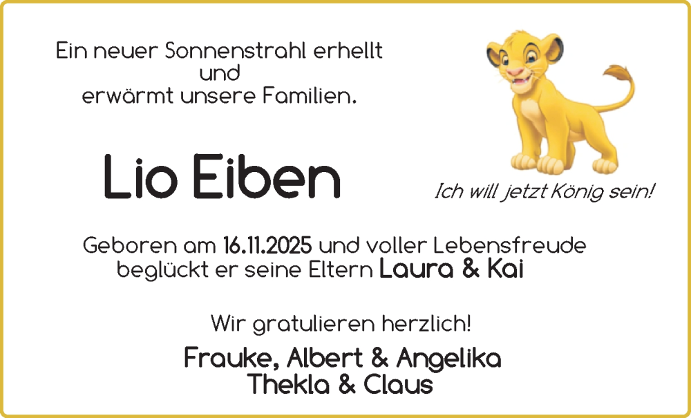 Anzeige für Lio Eiben vom 22.11.2025 aus EZ