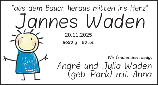 Babyanzeige von Jannes Waden von Nordwest-Zeitung