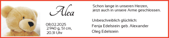 Babyanzeige von Alea Edelstein von BM