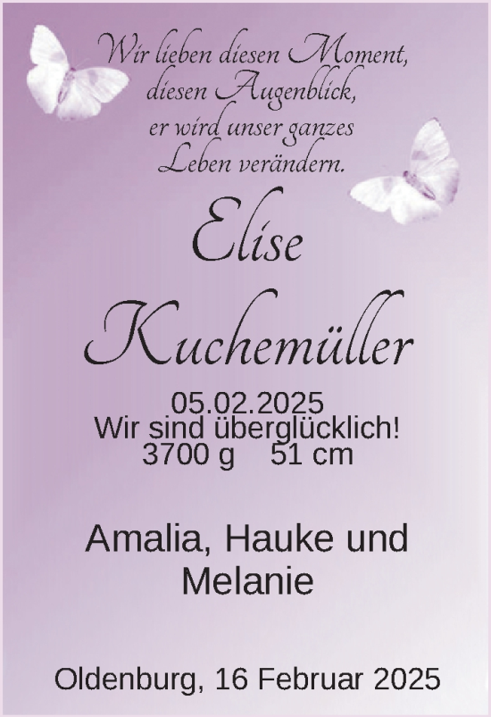 Babyanzeige von Elise Kuchemüller von Nordwest-Zeitung
