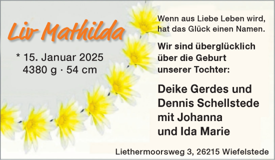 Babyanzeige von Liv Mathilda  von Nordwest-Zeitung