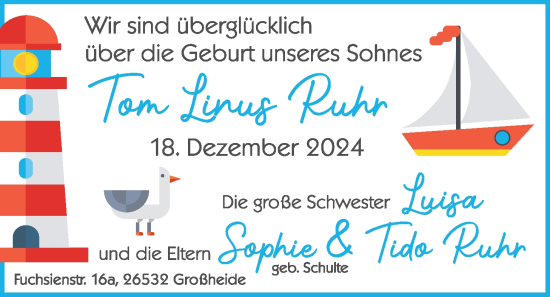 Babyanzeige von Tom Linus Ruhr von EZ