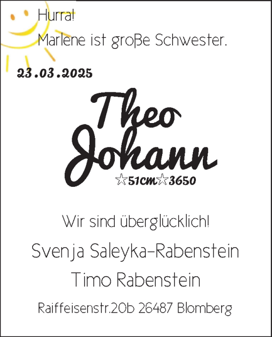 Babyanzeige von Theo Johann  von BM