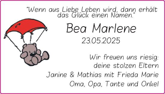 Babyanzeige von Bea Marlene  von BM