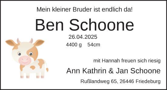 Babyanzeige von Ben Schoone von BM