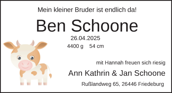 Babyanzeige von Ben Schoone von Nordwest-Zeitung