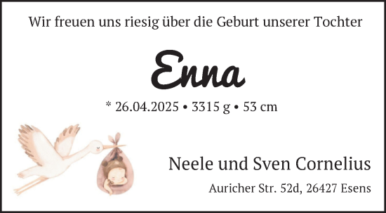 Babyanzeige von Enna  von Nordwest-Zeitung