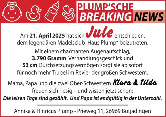 Babyanzeige von Jule Plump von Nordwest-Zeitung