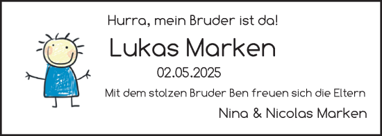 Babyanzeige von Lukas Marken von Nordwest-Zeitung