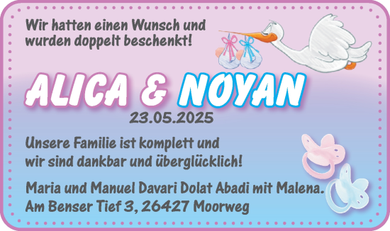 Babyanzeige von Alica und Noyan Davari Dolat Abadi von BM
