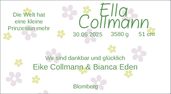 Babyanzeige von Ella Collmann von BM