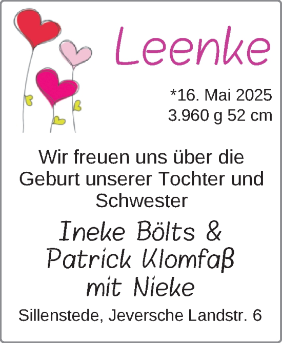 Babyanzeige von Leenke  von BM