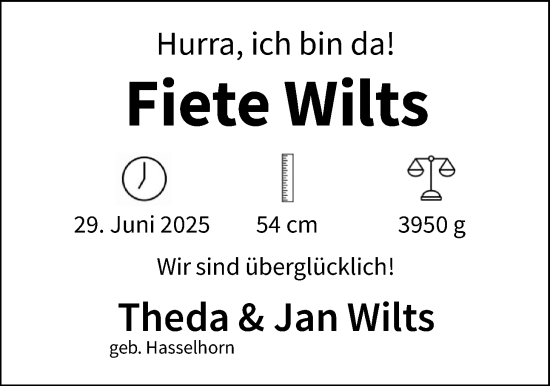 Babyanzeige von Fiete Wilts von Nordwest-Zeitung