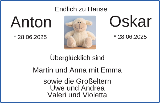 Babyanzeige von Anton und Oskar  von BM