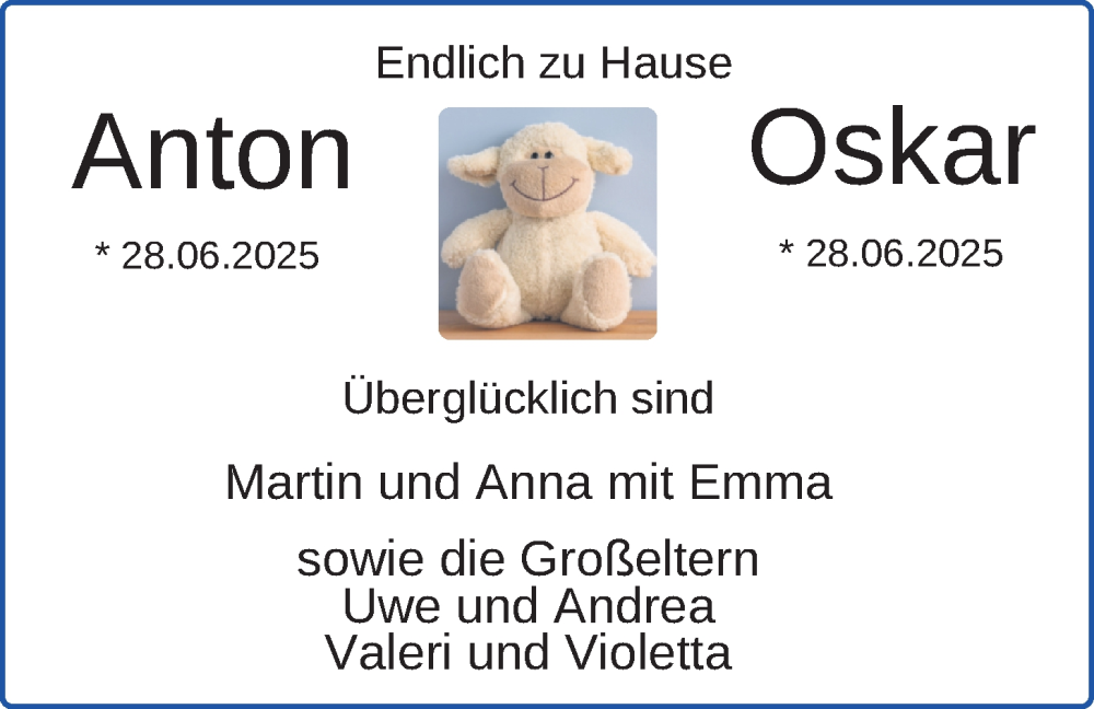 Anzeige für Anton und Oskar  vom 30.08.2025 aus BM