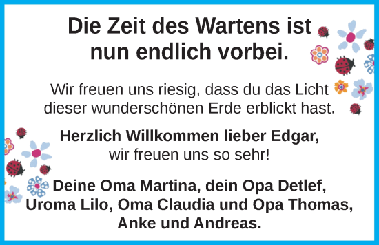 Babyanzeige von Edgar  von BM