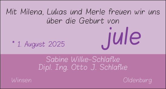 Babyanzeige von Jule  von Nordwest-Zeitung