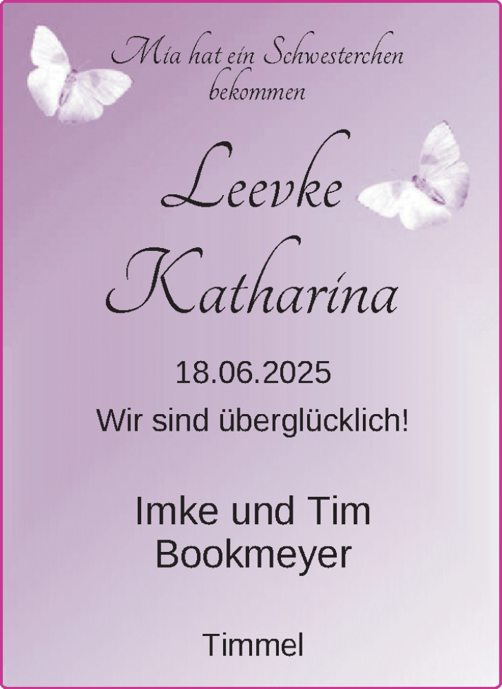 Anzeige für Leevke Katharina Bookmeyer vom 09.08.2025 aus EZ