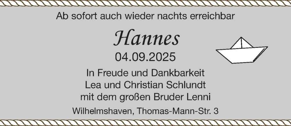 Anzeige für Hannes Schlundt vom 13.09.2025 aus BM