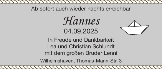 Babyanzeige von Hannes Schlundt von BM