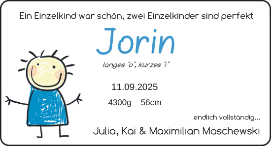 Babyanzeige von Jorin Maschewski von BM