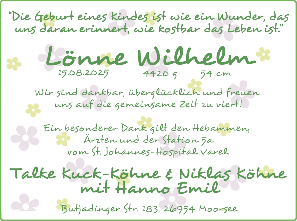 Anzeige für Lönne Wilhelm  vom 13.09.2025 aus Nordwest-Zeitung