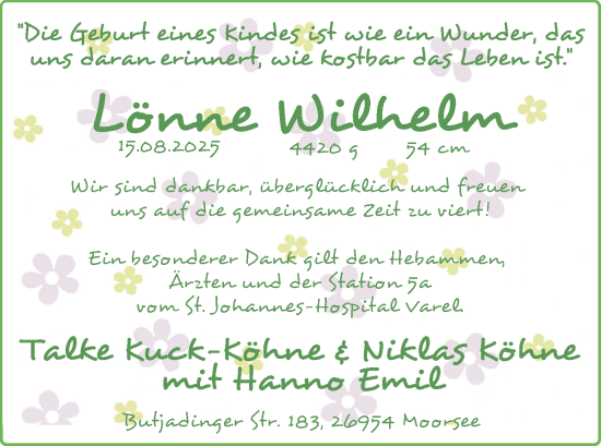 Babyanzeige von Lönne Wilhelm  von Nordwest-Zeitung