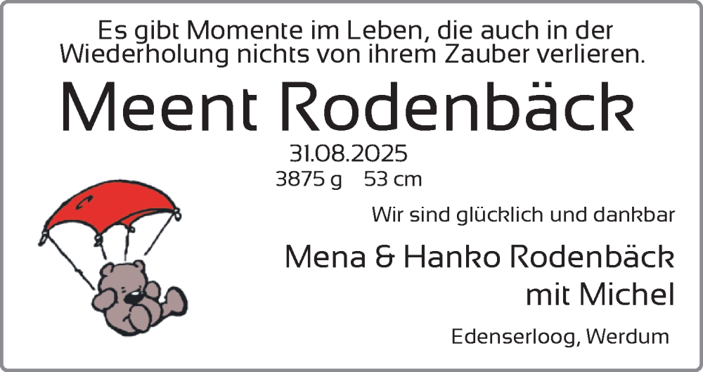 Anzeige für Meent Rodenbäck vom 13.09.2025 aus BM