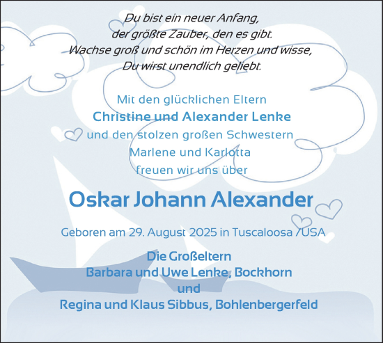 Babyanzeige von Oskar Johann Alexander Lenke von Nordwest-Zeitung