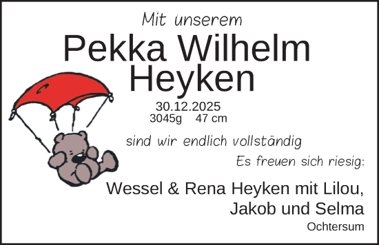 Babyanzeige von Pekka Wilhelm Heyken von BM