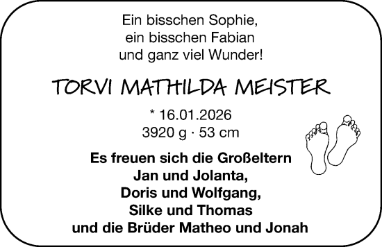 Babyanzeige von Torvi Mathilda Meister von Nordwest-Zeitung