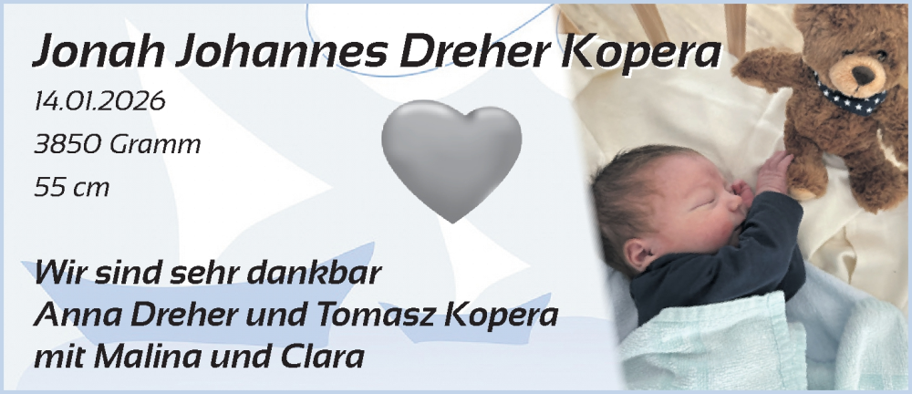 Anzeige für Jonah Johannes Dreher Kopera vom 21.02.2026 aus Nordwest-Zeitung