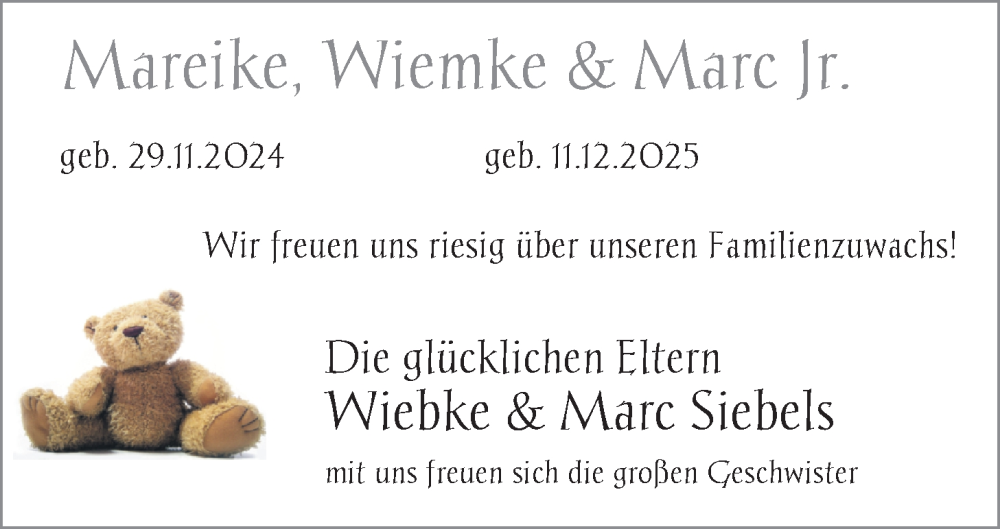 Anzeige für Mareike, Wiemke & Marc Jr.  vom 07.02.2026 aus EZ